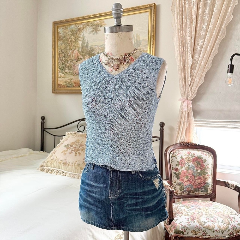 Y2K vintage fits like small light blue crochet knit tank top